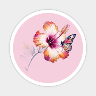 Flower with Shades of Orange, Pink, and White, Accompanied by a Detailed Butterfly Resting on One of the Petals Magnet